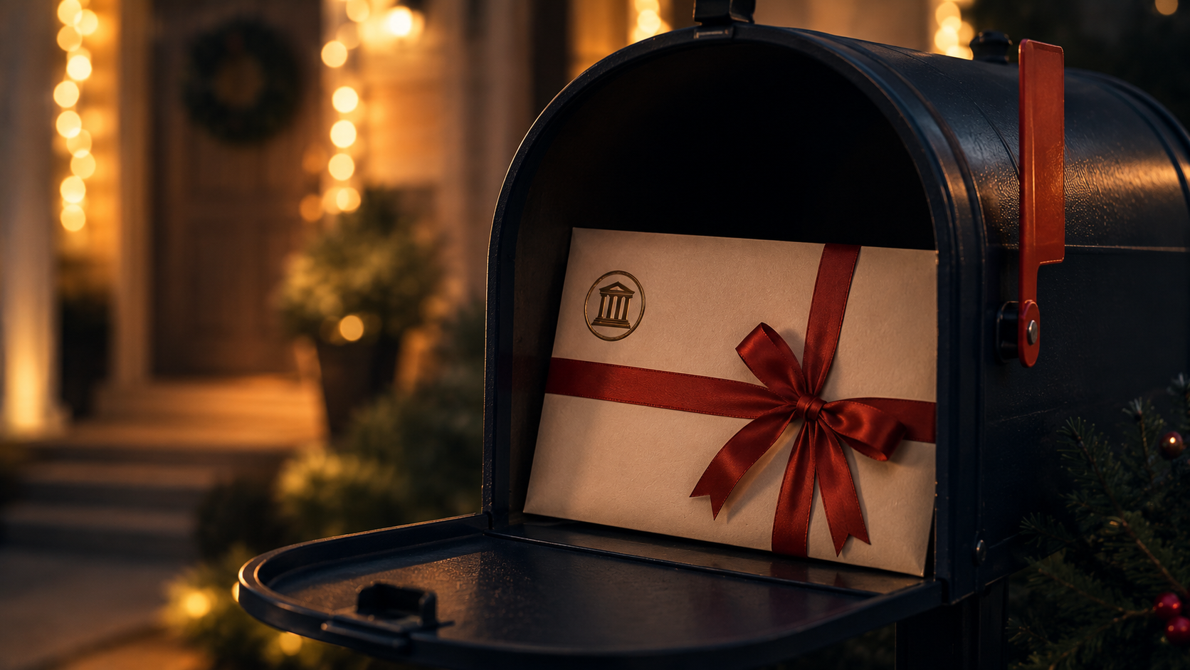 A formal bank envelope tied with a ribbon sitting in a mailbox